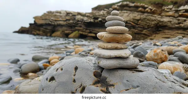 Stack of stones on the beach with the sea in the background