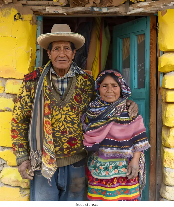 An elderly couple in traditional Bolivian clothing standing in a doorway