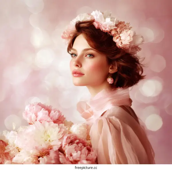 Beautiful Woman with Floral Crown in Pink