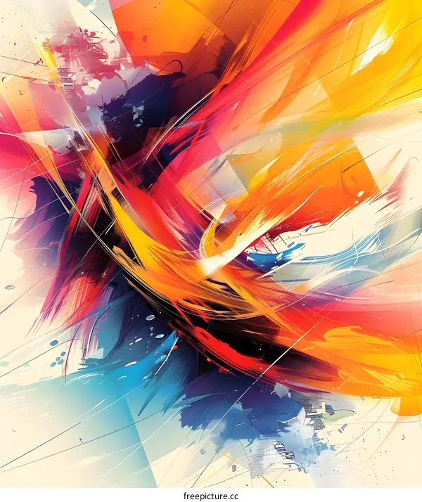 Colorful abstract painting with bright red, yellow, blue, and orange colors