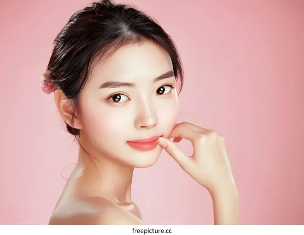 Beautiful Asian Woman with Soft Skin and Pink Background
