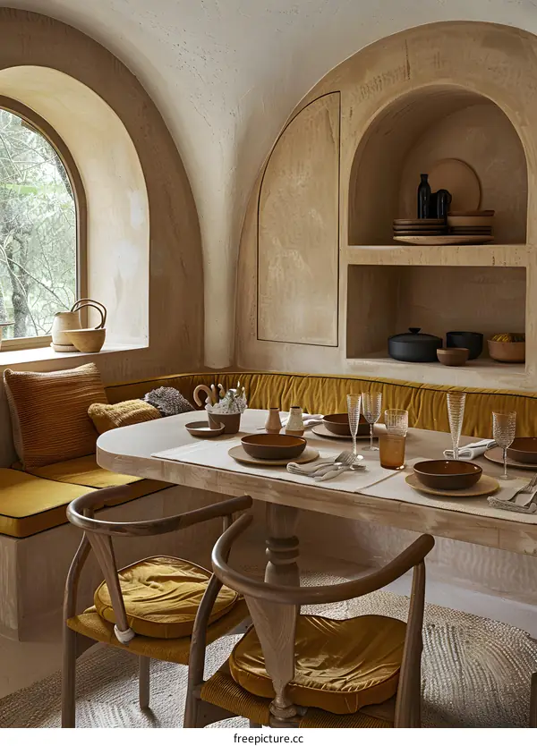Dining Table Setting in a Rustic Arched Room with Wooden Chairs and Yellow Cushions