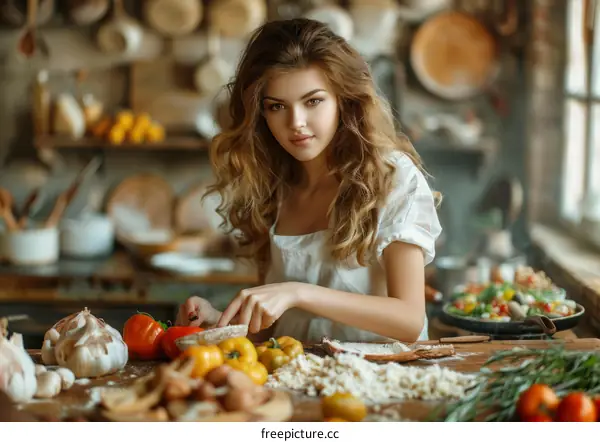Beautiful young woman is cooking in the kitchen