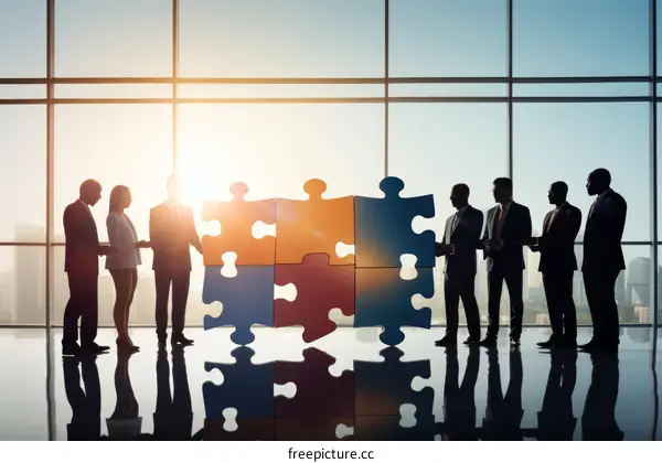 Business people putting puzzle pieces together