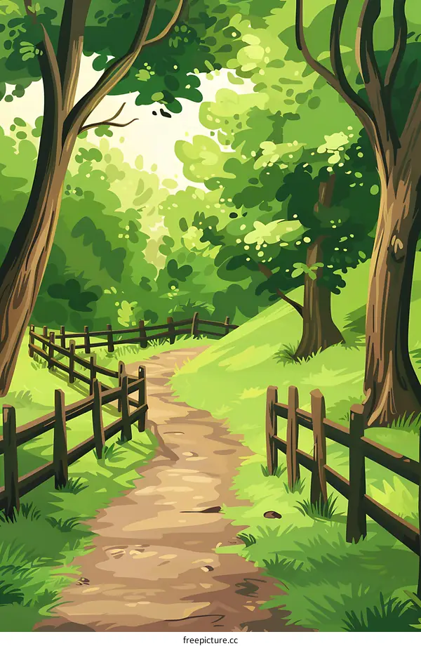 Green Forest Path With Wooden Fence Illustration