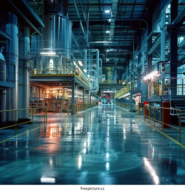 Modern Industrial Building Interior with Metal Pipes and Machinery