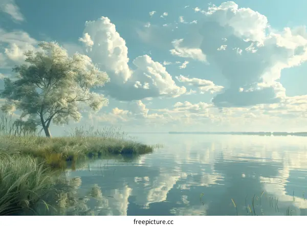 Serene Lakeside Landscape with Azure Sky and Verdant Meadows