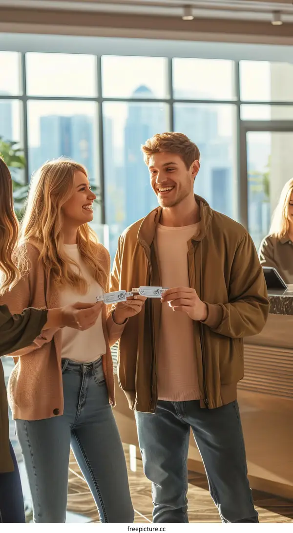 A group of friends are checking in to a hotel.