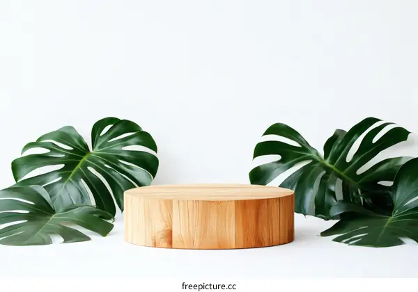 Wooden Display Platform with Monstera Leaves