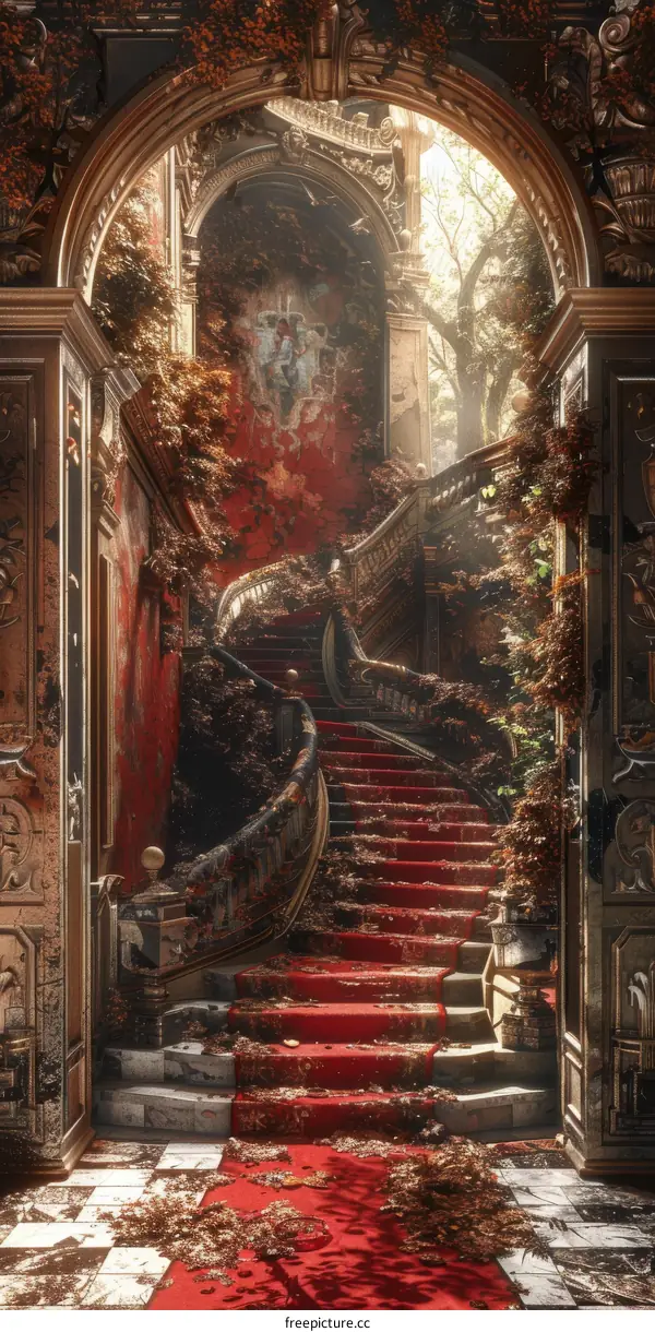 Forgotten Staircase in an Abandoned Mansion