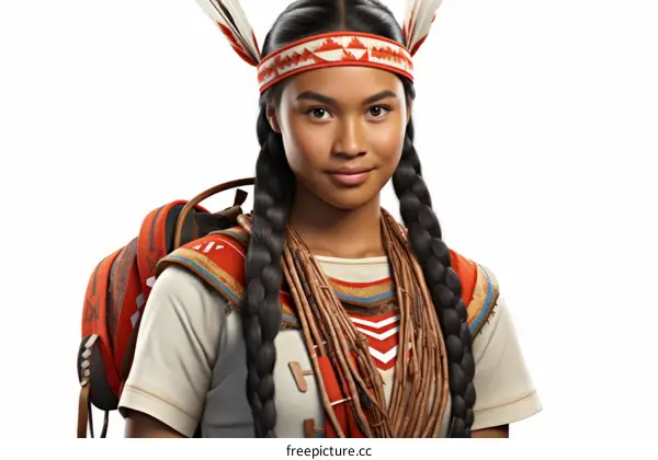 A young Native American girl wearing a traditional headdress and backpack