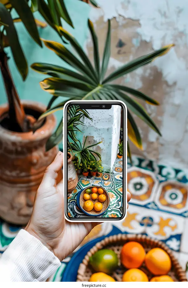 Hand Holding Phone with Photo of Ornamental Courtyard