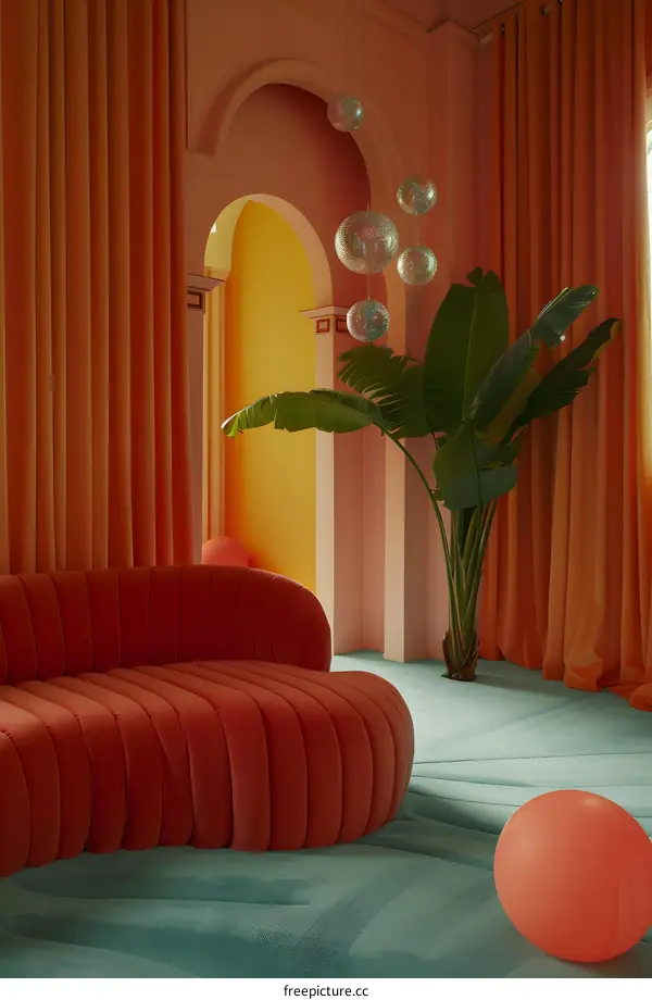Orange and Blue Interior Design with Curved Sofa and Tropical Plant