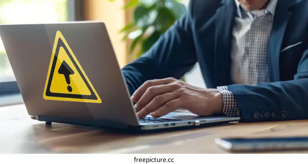 Businessman Working on Laptop with Warning Sign