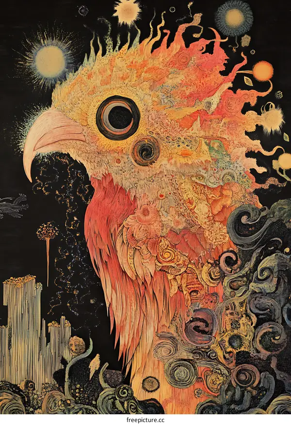 Abstract Illustration of a Bird with Detailed Patterns and Swirls