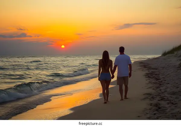 Couple Walking on the Beach at Sunset