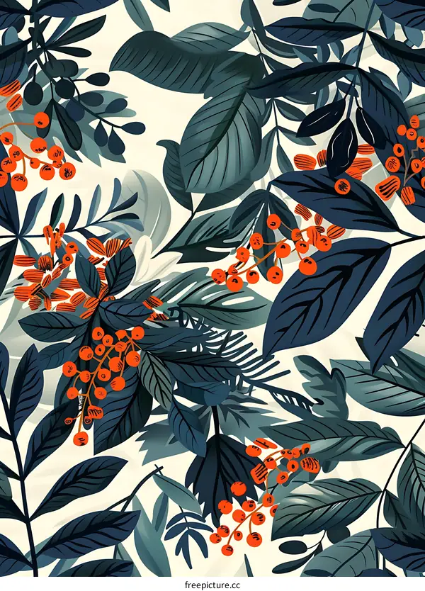 Seamless Pattern with Tropical Leaves and Red Berries