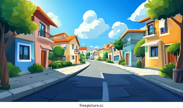 Cartoon Illustration of a Beautiful Residential Street