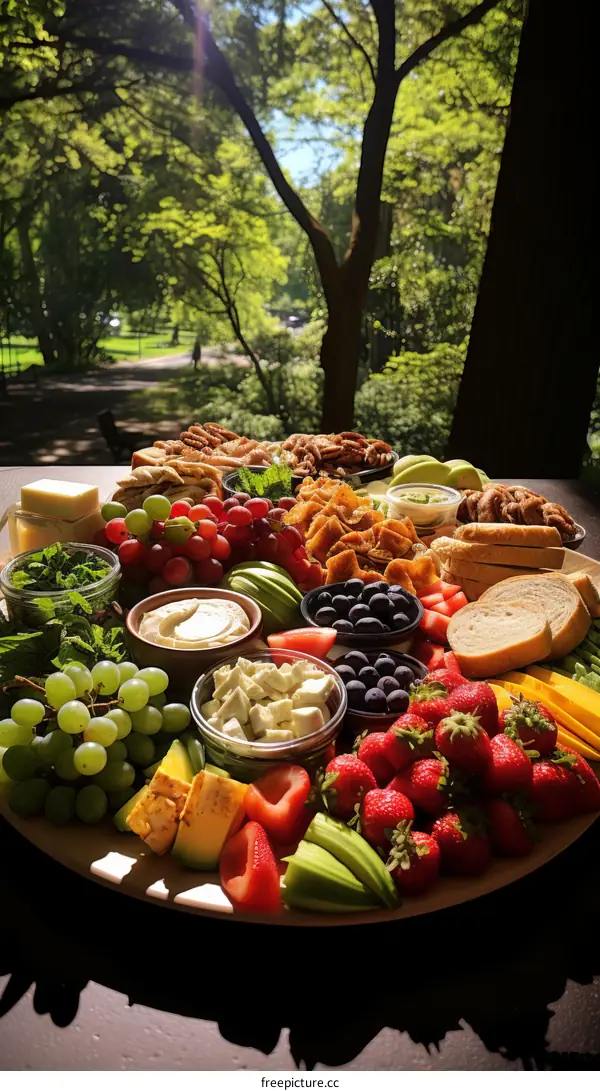 A picnic of colorful fruits, vegetables, and crackers