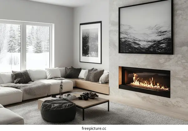 Modern Living Room with Fireplace and Snowy View