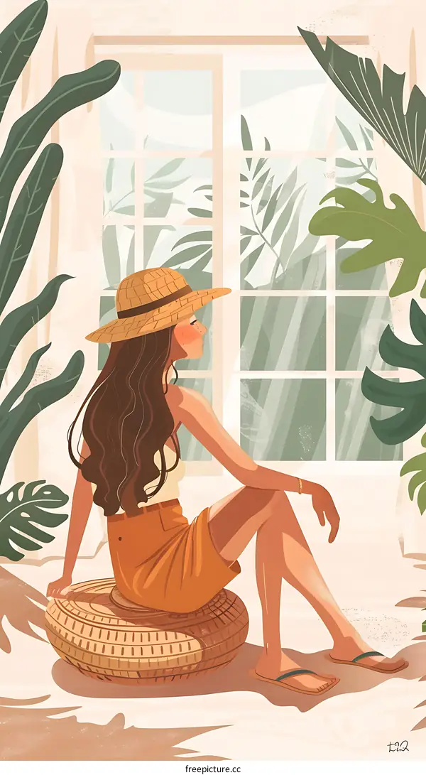 Woman Sitting by Window with Plants and Summer Hat Illustration