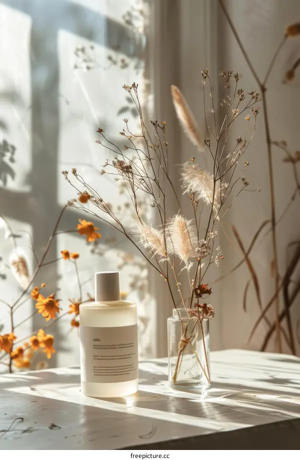 Dried flowers and a bottle of perfume on a table near a window
