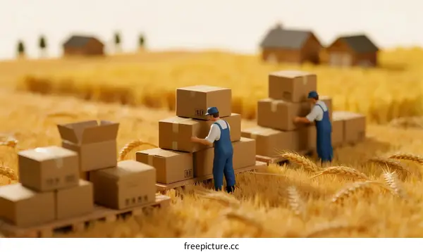Miniature Workers Handling Packages in Golden Wheat Field