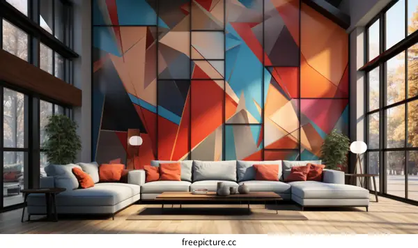 Modern geometric wall mural wallpaper in living room interior