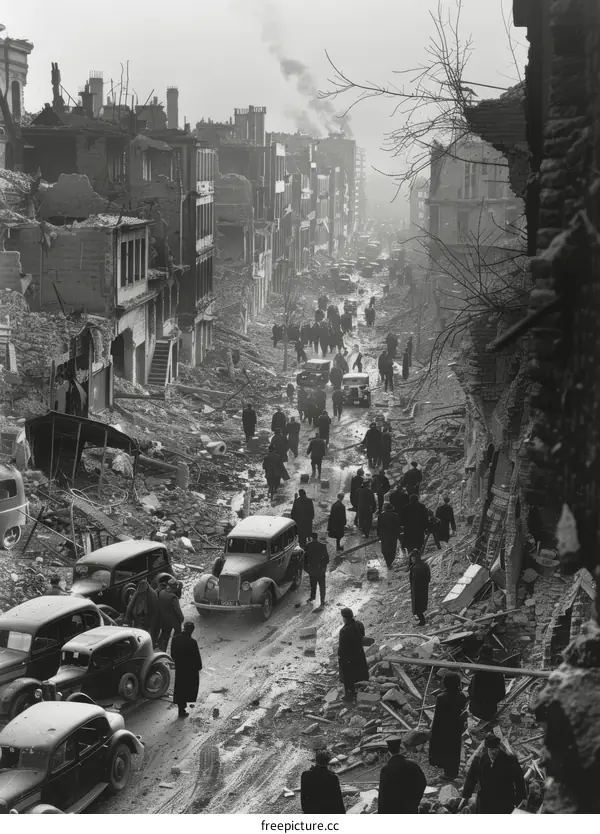 Post-war London street scene with rubble and people walking