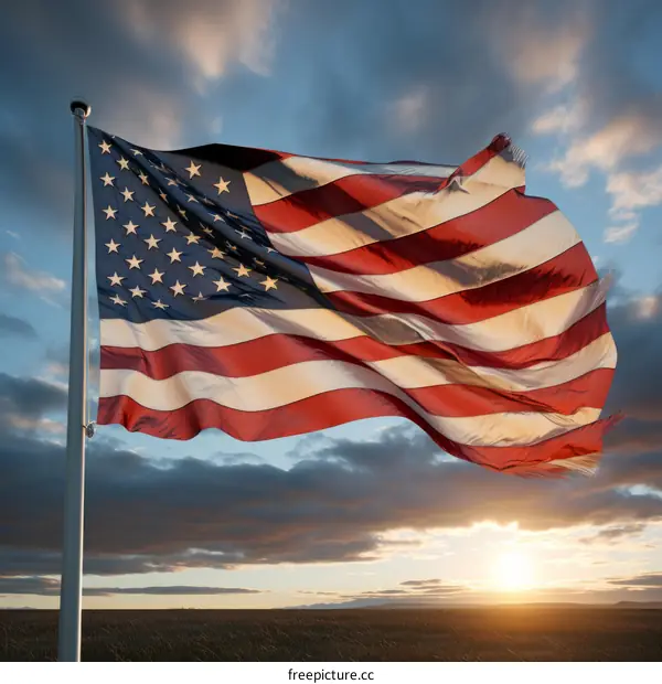 American flag waving in the wind at sunset