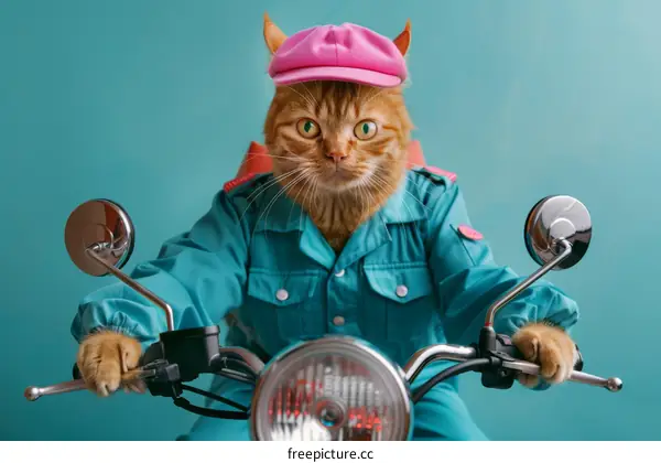 Cat in a pink hat and blue jacket on a motorcycle