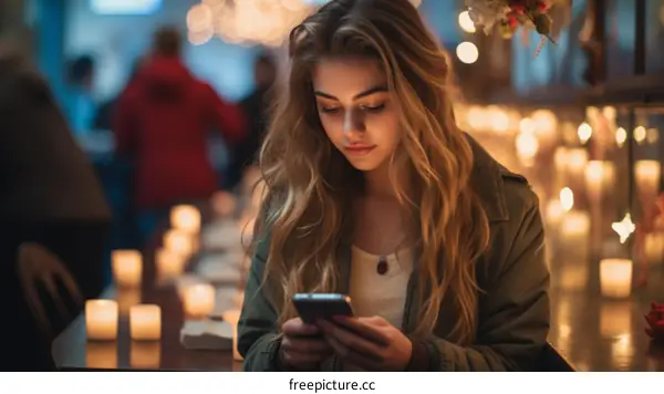 Young woman looking at her phone in a dimly lit restaurant