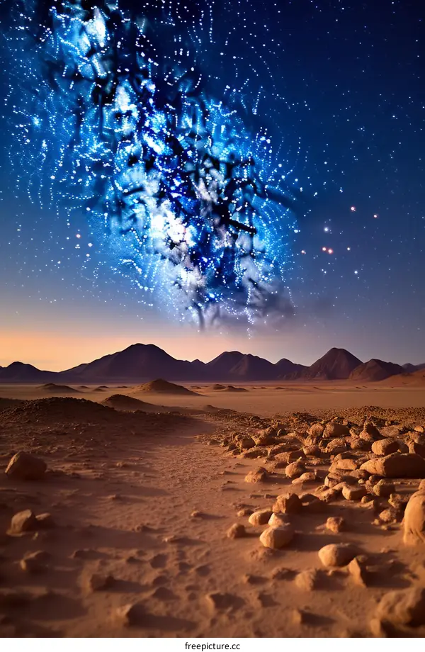 The Milky Way stretches across the night sky above a vast desert landscape