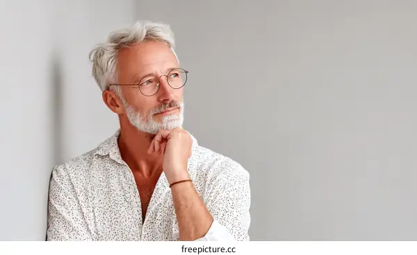 Thoughtful Senior Man Posing Against Grey Wall