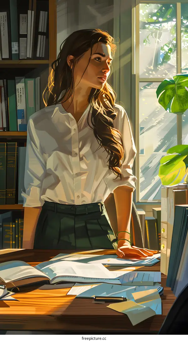 A woman standing in a library looking out the window