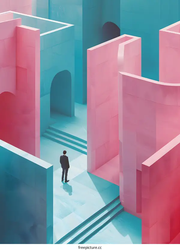 A man standing in a colorful 3D maze