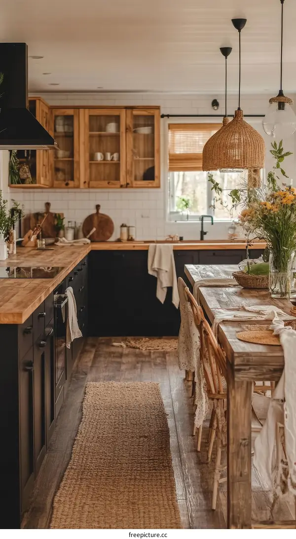 Rustic Kitchen with Wooden Cabinets and Dining Area