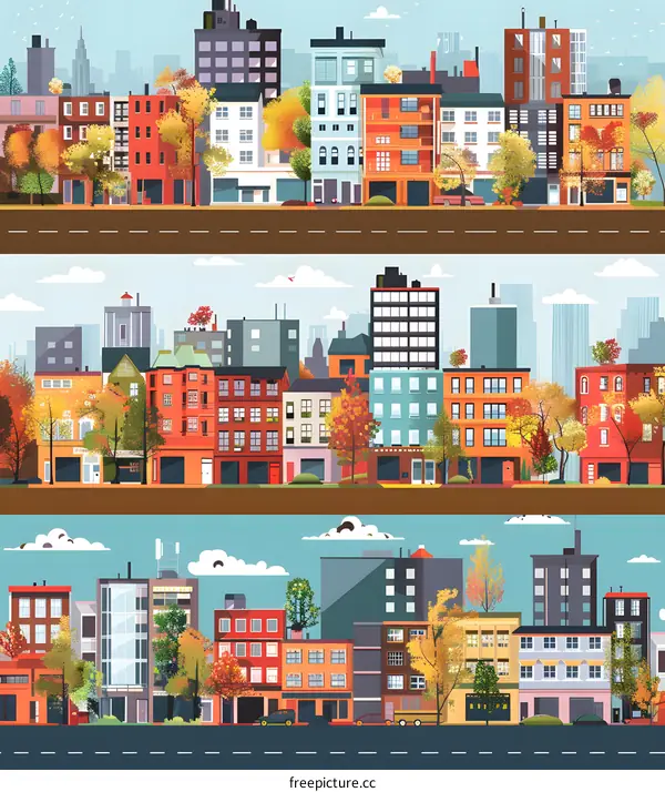 Autumn Cityscape with Colorful Buildings and Trees