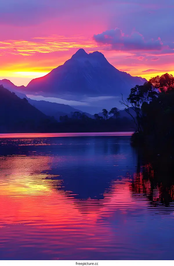 Vibrant Sunset over Mountain Lake