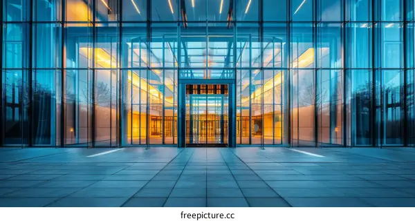 Modern glass building exterior with geometric shapes and bright lighting