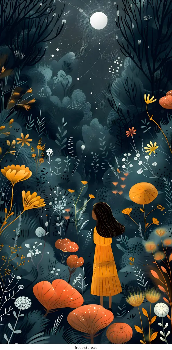 Woman in Yellow Dress Among Flowers Under Moonlight