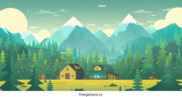 Mountain Cabin Landscape Illustration
