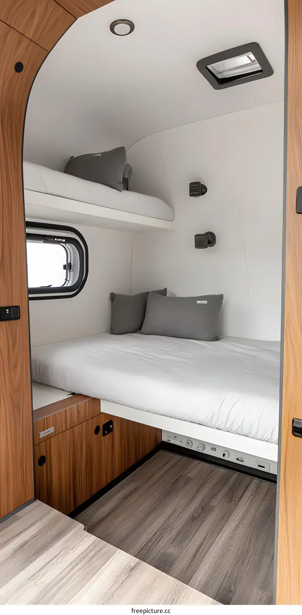 Modern RV Interior with Bunk Beds and Wooden Accents