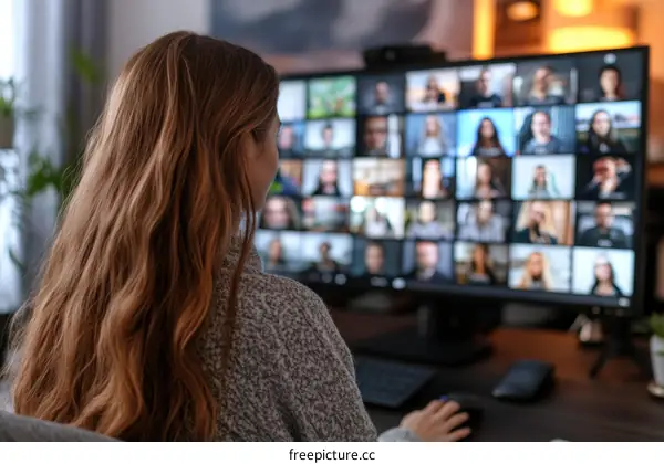 Woman in Video Conference with Multiple Participants