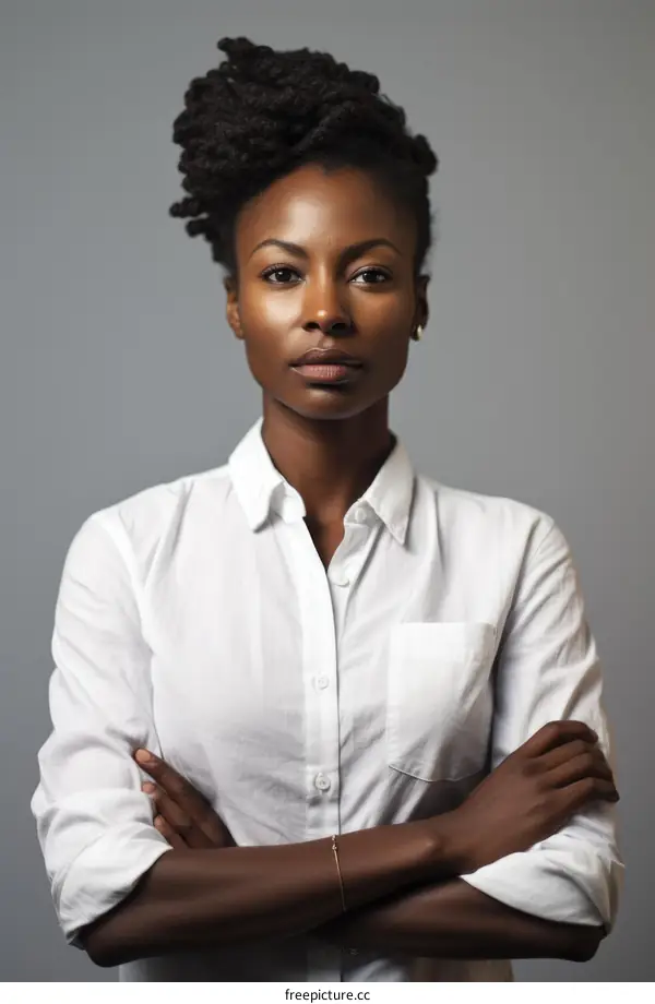 A serious looking young African-American woman in a white shirt