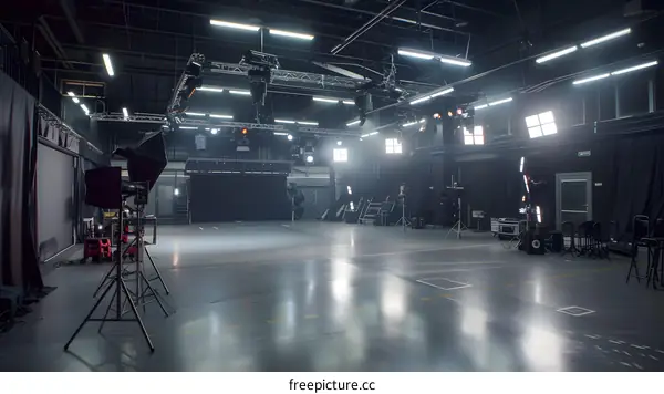Empty Film Studio with Professional Lighting Equipment