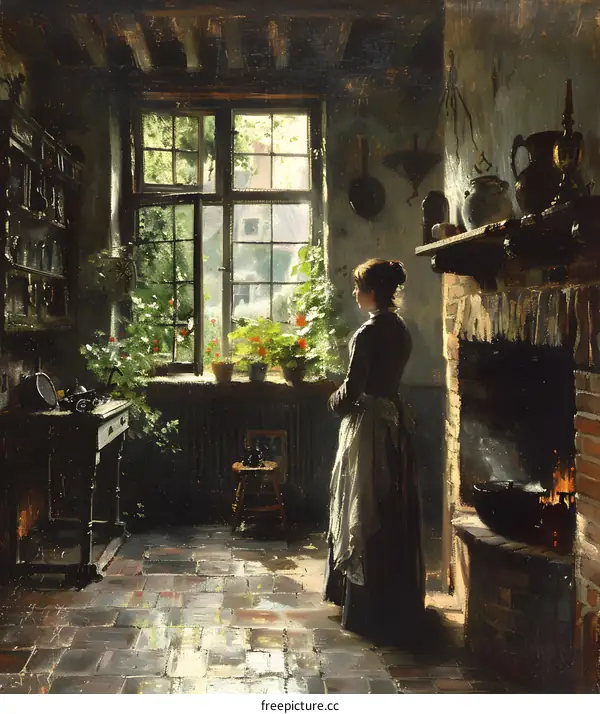 A woman standing in a kitchen looking out the window