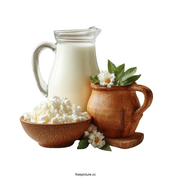 [Transparent Background PNG]Dairy Products Still Life with Milk and Cottage Cheese