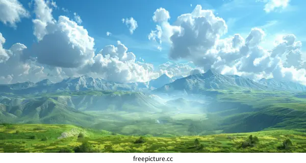 Surreal Fantasy Mountain Landscape with Clouds and Blue Sky