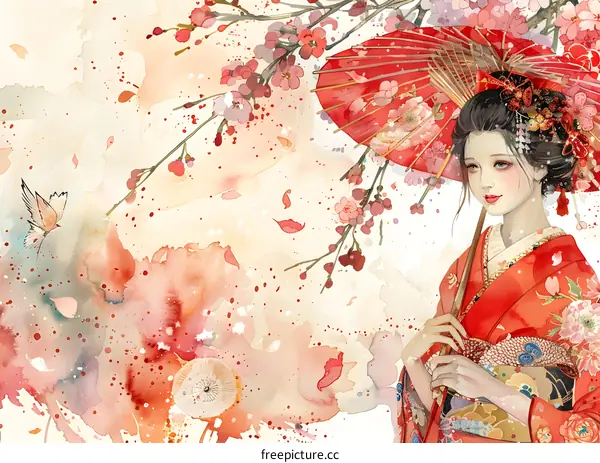 A beautiful Japanese woman in a red kimono holding a red umbrella under a cherry blossom tree.